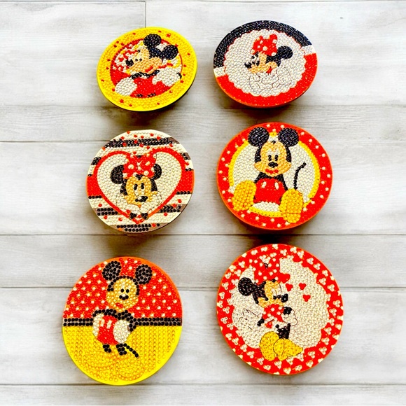 Hand Crafted Other - Mickey & Minnie Coasters Set of 6 w/Holder Hand Crafted 4” Round Diamond Art NWT